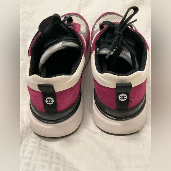Chanel Mesh Suede Calfskin Womens CC Sneakers 38 White Dark Pink Grey - Picture 7 of 12